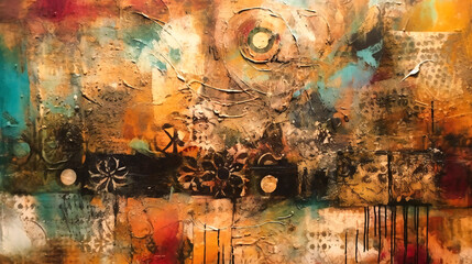 A mixed media artwork that combines different materials and techniques such as collage, painting, drawing, and printmaking