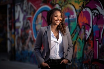 Portrait of happy african american businesswoman standing against graffiti wall