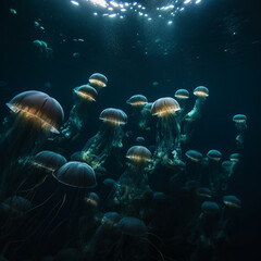 Fototapeta na wymiar Bioluminescent jelly fish emerging from deep dark blue ocean, glowing orange - Generative AI