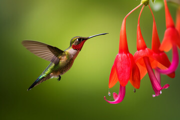 Fototapeta premium Humming bird hovering in place and drinking nectar from a red lilly flower - Generative AI