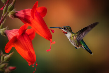 Fototapeta premium Humming bird hovering in place and drinking nectar from a red lilly flower - Generative AI