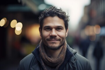 Obraz premium Portrait of a handsome young man with a beard and mustache in the city