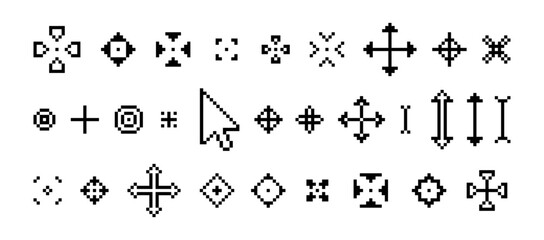 Pixel 8 bit cursor vector set. 8bit collection of pixelated cursors. isolated icons no background. pixel art.	
