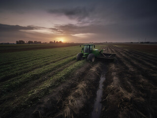 Fototapeta premium Modern vast field of farming operations with futuristic harvesting vehicles - Generative AI