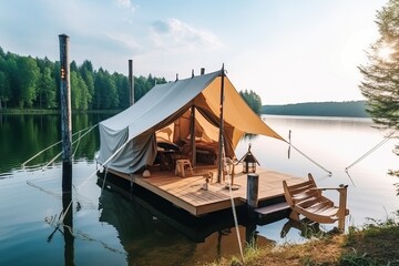 Obraz premium luxury glamorous camping. glamping in the beautiful lake, generative artificial intelligence