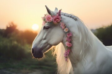 Obraz na płótnie Canvas beautiful unicorn in profile with flowers in her hair at sunrise. Generative AI