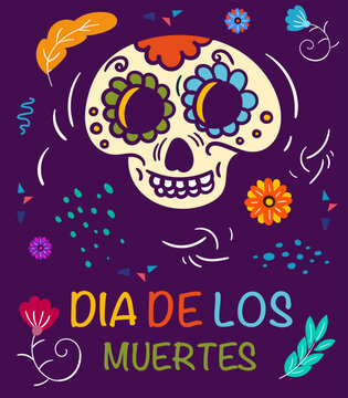 Dia de los muertos banner. Day of dead. Colorful skull with flowers and floral ornaments. Mexical font with celebration party sign. Template, layout and mock up. Cartoon flat vector illustration