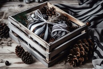 A gift box wrapped in black and white striped paper, a crate full of pine cones and Christmas toys, and wrapping materials on a white wood old background. Christmas presents preparation. Generative AI