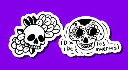 Skull sticker black and white. Dia los de muertos, day of dead. Skeleton with flowers. Graphic element for social networks and messengers. Cartoon flat vector illustration