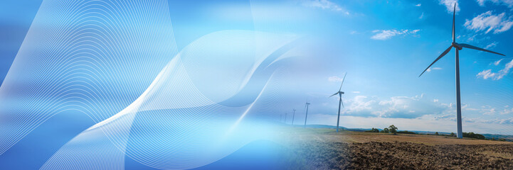 Wind turbines in a rural landscape; panoramic banner
