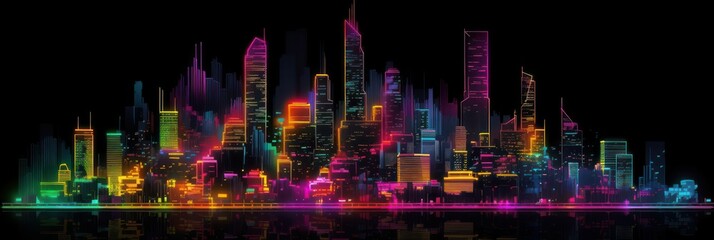 city embankment at night with skyscrapers illuminated over a river with reflections. Generative AI
