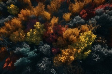 Fototapeta na wymiar Generative Ai. Aerial view over fall colors forest