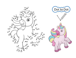 Dot to dot game. Kids drawing riddle on activity page with image of unicorn. Drawn by numbers. Children education worksheet. Vector illustration.