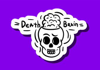 Skull sticker black and white. Skeleton head with inscription death brain. Poster or banner for website. Symbol of traditional mexican holiday and festival. Cartoon flat vector illustration