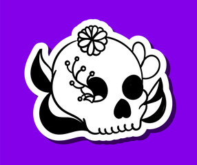 Skull sticker black and white. Head of skeleton with flower. Template, layout and mock up. Day of Dead and Dia de los muertos. Scary bone. Cartoon flat vector illustration