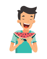 Smiling boys eating watermelon, summer fun illustration