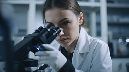 Young beautiful woman analyzing with a microscope samples in the hospital laboratory. Generative AI