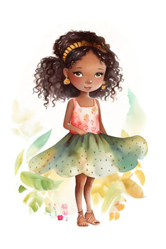 watercolor black girl with curly hair on white background Generative AI. Clip art illustration. Cartoon character.