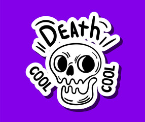 Skull sticker black and white. Skeleton head with text cool death. Traditional Mexican holiday and festival. Poster or banner for website. Cartoon flat vector illustration