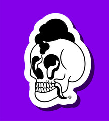Skull sticker black and white. Fear and horror. Halloween and Dia de los Muertos, day of dead. Graphic element for social networks and messengers. Cartoon flat vector illustration