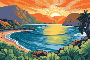 Fototapeta na wymiar retro-inspired poster style artwork of Hanauma Bay, Hawaii at sunrise using bright colors to create a tropical feel