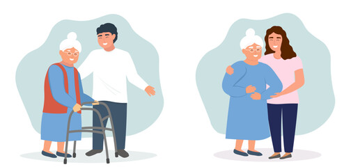 A nurse helps an elderly woman. Old lady's support. Vector graphics.