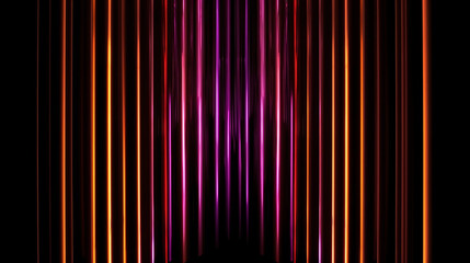 An abstract glowing neon orange and purple vertical line lights on a black background. A.I. generated.