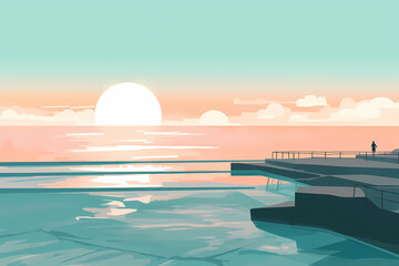 Bondi Beach at sunrise  utilizing a limited color palette of cool, muted tones to evoke a sense of tranquility and calm