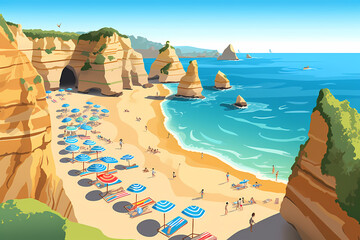 Naklejka premium colorful and vibrant poster style artwork of Praia do Camilo in Portugal on a sunny day, capturing the energy and excitement of the beachgoers