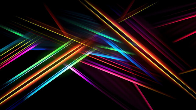 An abstract glowing neon multicolor diagonal line lights on a black background. A.I. generated.