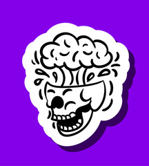 Skull sticker black and white. Skeleton head for social messengers. Traditional Mexican holiday and festival. Template, layout and mock up. Cartoon flat vector illustration