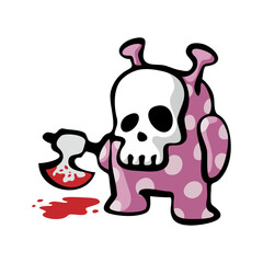 Cute little robot in pink halloween dress with skull mask