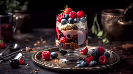 Yogurt and berries parfait for breakfast served on a black plate.  - obrazy, fototapety, plakaty