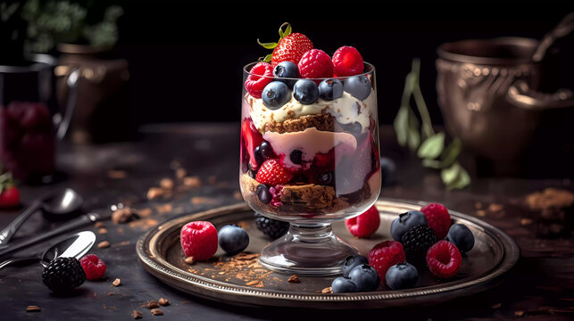 Yogurt and berries parfait for breakfast served on a black plate. 