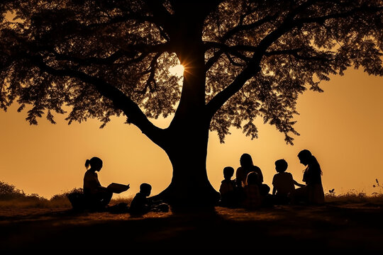 A silhouette of a teacher reading a book to students under a tree, Teacher's Day Generative AI
