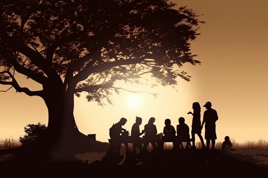 A silhouette of a teacher reading a book to students under a tree, Teacher's Day Generative AI