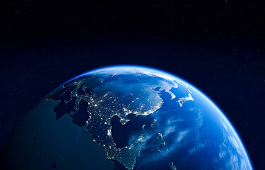 The earth from a planet viewed, detailed cityscapes, dark sky-blue,  serene atmospheric perspective.
