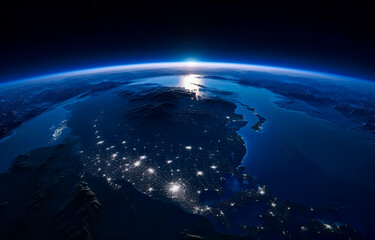 The earth from a planet viewed, detailed cityscapes, dark sky-blue,  serene atmospheric perspective.
