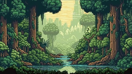 Forest, Retro computer games level. Pixel art video game scene 8 bit. Generative AI