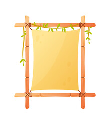 Bamboo banner frame concept. Exotical signboard in rectangular shape with leaves. Blank and empty guiepost. Interface for website and mobile apps. Cartoon flat vector illustration