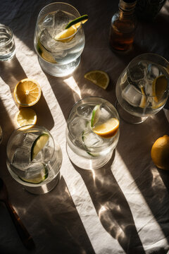 Overhead shot of a refreshing gin and tonic drink with sunlight and shadows. Generative ai
