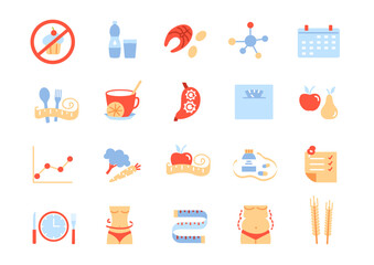 Dietfood color icons set. Fitness and healthy lifestyle. Proper nutrition with fibers, vegetables and fruits. UI and UX design. Cartoon flat vector illustrations isolated on white background