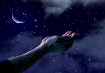 Obraz na płótnie Canvas Pray hands open to the blue night sky
