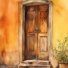 Fototapeta na wymiar Artwork - watercolor pencil drawing of a door in a mediterranean village