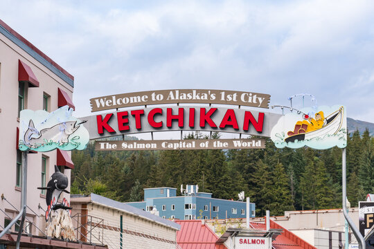 Welcome sign in downtown Ketchikan, Alaska