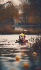 killer clown nearly fully submerged in a metropolitan pond, retro futuresque distopia, soft light, cinematic atmosphere, depth of field, bokeh - obrazy, fototapety, plakaty