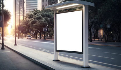 Advertisement billboard on bus stand in city, Empty space advertisement board, blank white signboard on roadside in city, generative ai	
