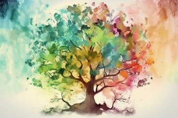 Obraz na płótnie Canvas The tree of life in colorful spring watercolor painting style . Sublime Generative AI image 