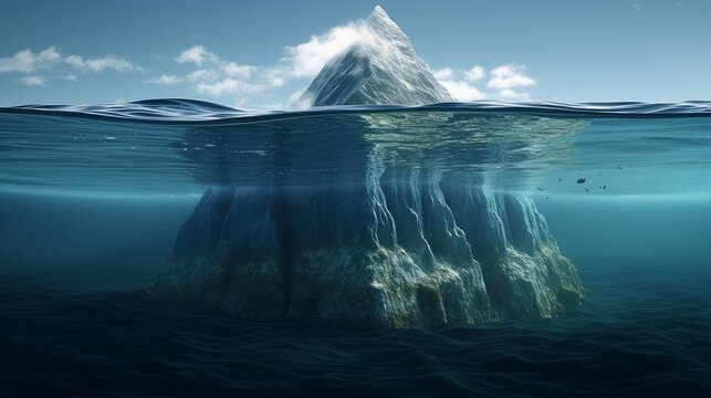 Pyramid Shaped Mountain Below and Above the Surface of the Ocean, AI Generative