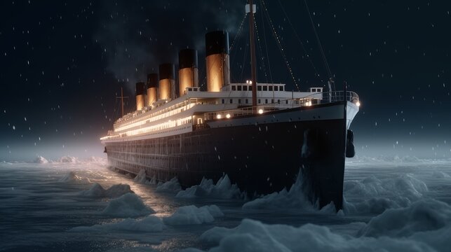 Titanic Sailing at Night, Cinematic Realistic Depiction, AI Generative